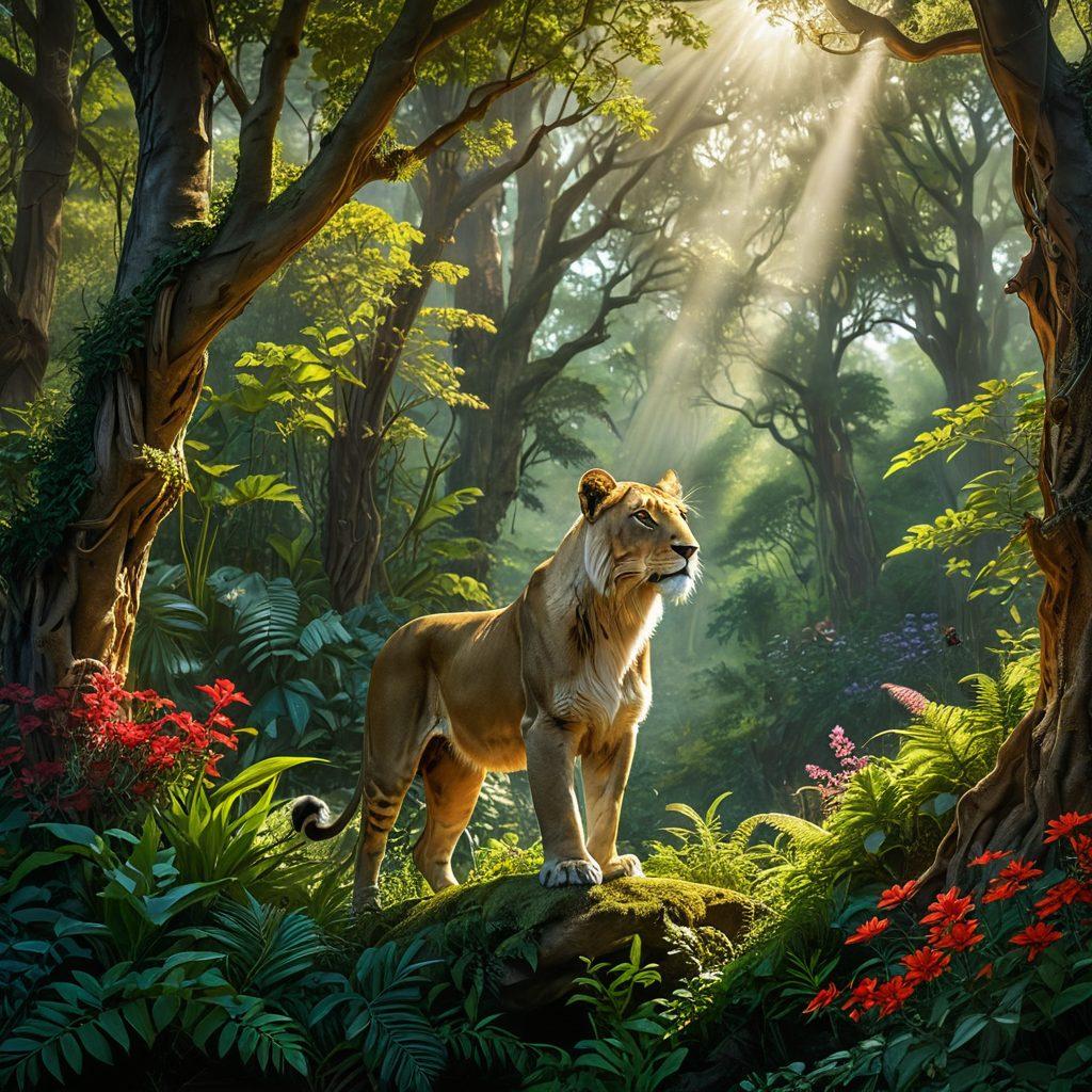 An enchanting scene of a lush, diverse forest teeming with wildlife, where a majestic lioness and a soaring eagle symbolize protection and guardianship. Incorporate vibrant flora and fauna representing various endangered species, along with subtle hints of the IUCN Red List in the background. The sun shines through the canopy, casting a magical glow on the vibrant colors of nature. super-realistic. vibrant colors. nature-themed.