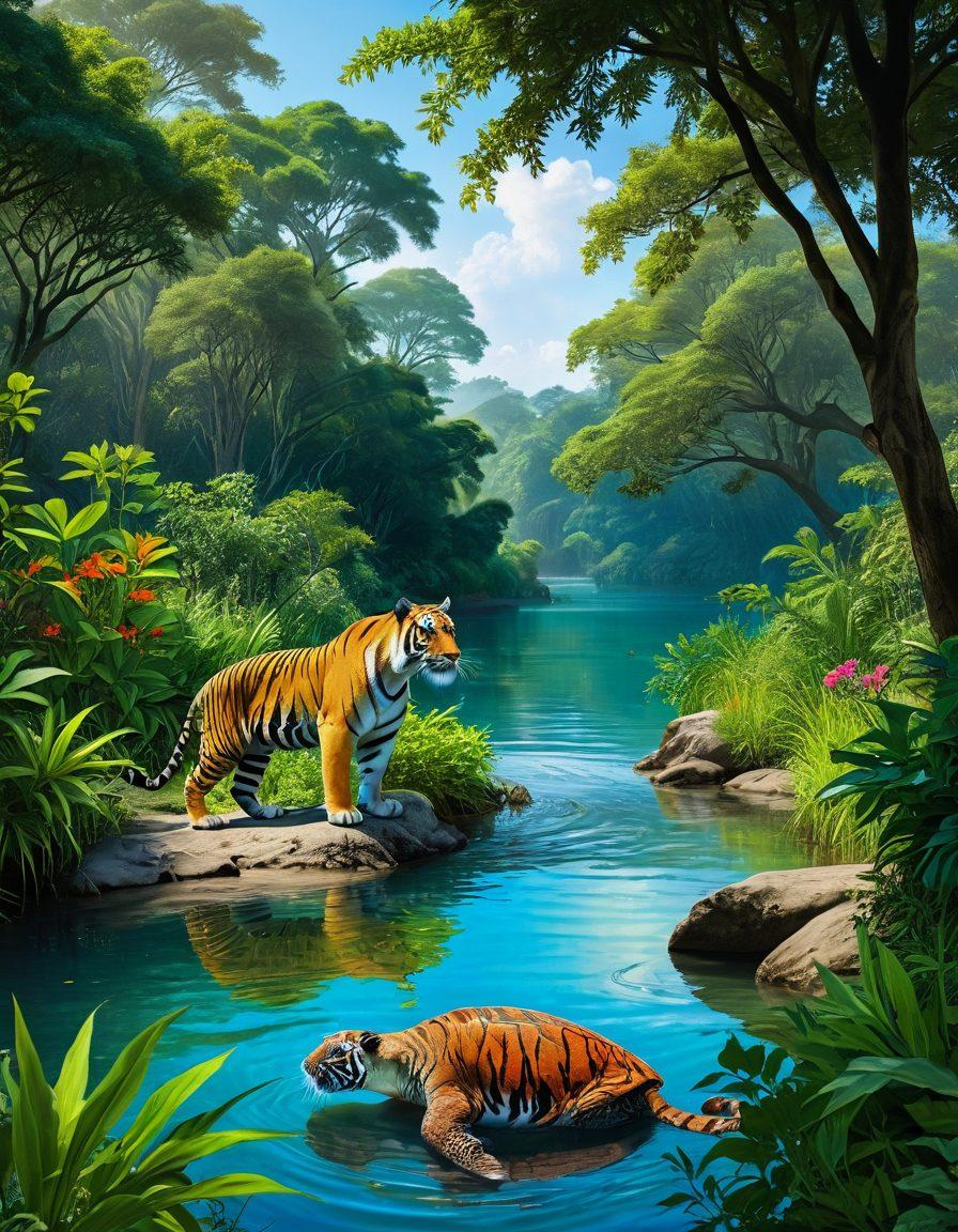 A vibrant, lush landscape showcasing diverse flora and fauna, with an overlay of a translucent IUCN Red List logo. Include icons of endangered species like a tiger and a sea turtle subtly integrated into the scenery, while a group of diverse people collaborates on conservation efforts. The overall atmosphere should evoke hope and active engagement in protecting nature. vibrant colors. super-realistic.