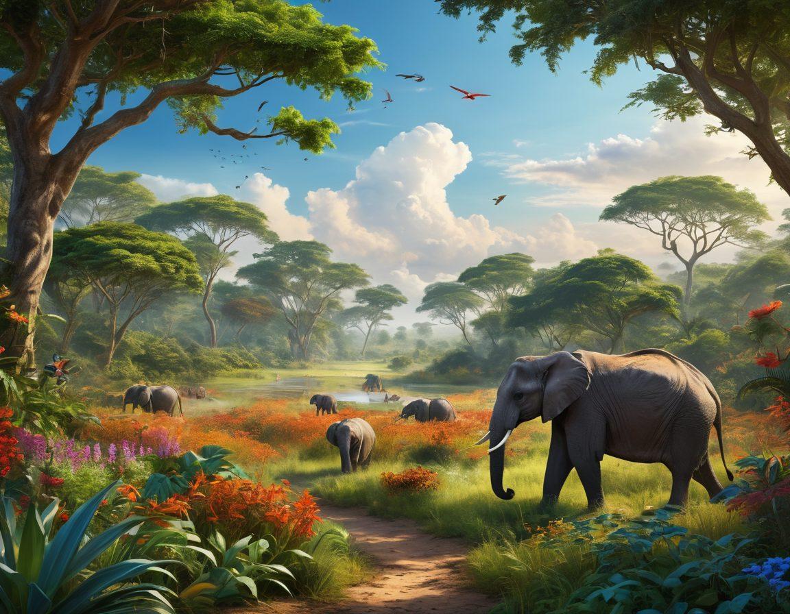 A lush, vibrant habitat featuring a diverse range of plants and animals, symbolizing the transition from endangered species to thriving ecosystems. Include the iconic IUCN logo subtly integrated into the landscape. The image captures the essence of conservation efforts with animals like tigers, elephants, and various birds coexisting harmoniously. Bright blue skies and lush greenery enhance the scene, depicting hope and revival. super-realistic. vibrant colors. 3D.